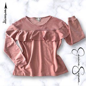 JESSICA SIMPSON Blush Pink Long Sleeve Mesh and Ruffled Top